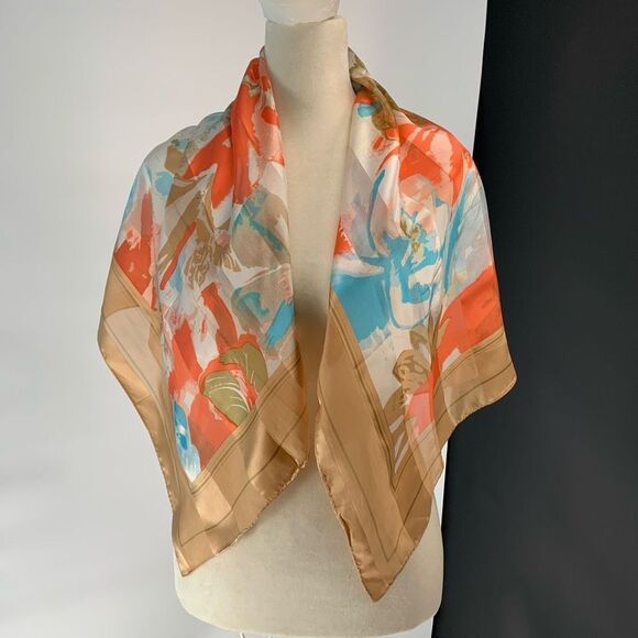 PIERRE CARDIN 100% silk BEIGE BLUE SCARF - Picture 4 of 8